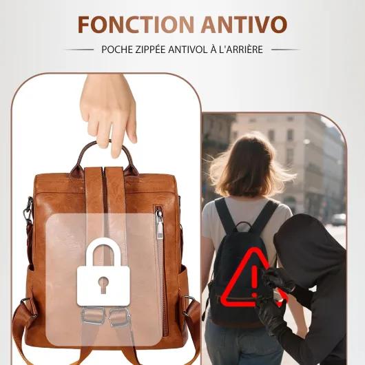 Sac a Dos Antivol Femme en Cuir Vegan, Sacs à Main Portés Dos Imperméable Elegant Leger, Backpack pour Voyage L'école Travail Université Collège Shopping Brun Émailé