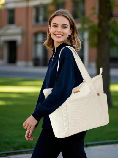 Lekesping Sac Fourre-Tout Femme Grand en Velours Côtelé, Bandouliere Cabas avec Fermeture Éclair et Poches, Léger Sac a Main Ordinateur 17 Pouces pour Voyage Shopping Université et Usage Quotidien S Beige