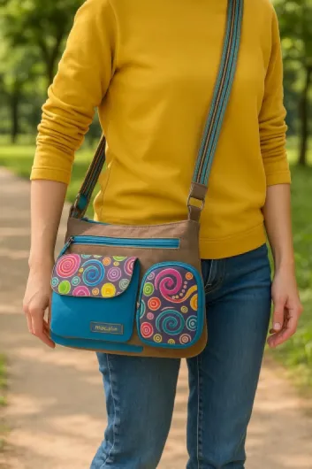 Macha Sac en coton et inserts en cuir avec imprimés colorés, sac à main à bandoulière en coton et cuir pour femme ethnique indienne Gris