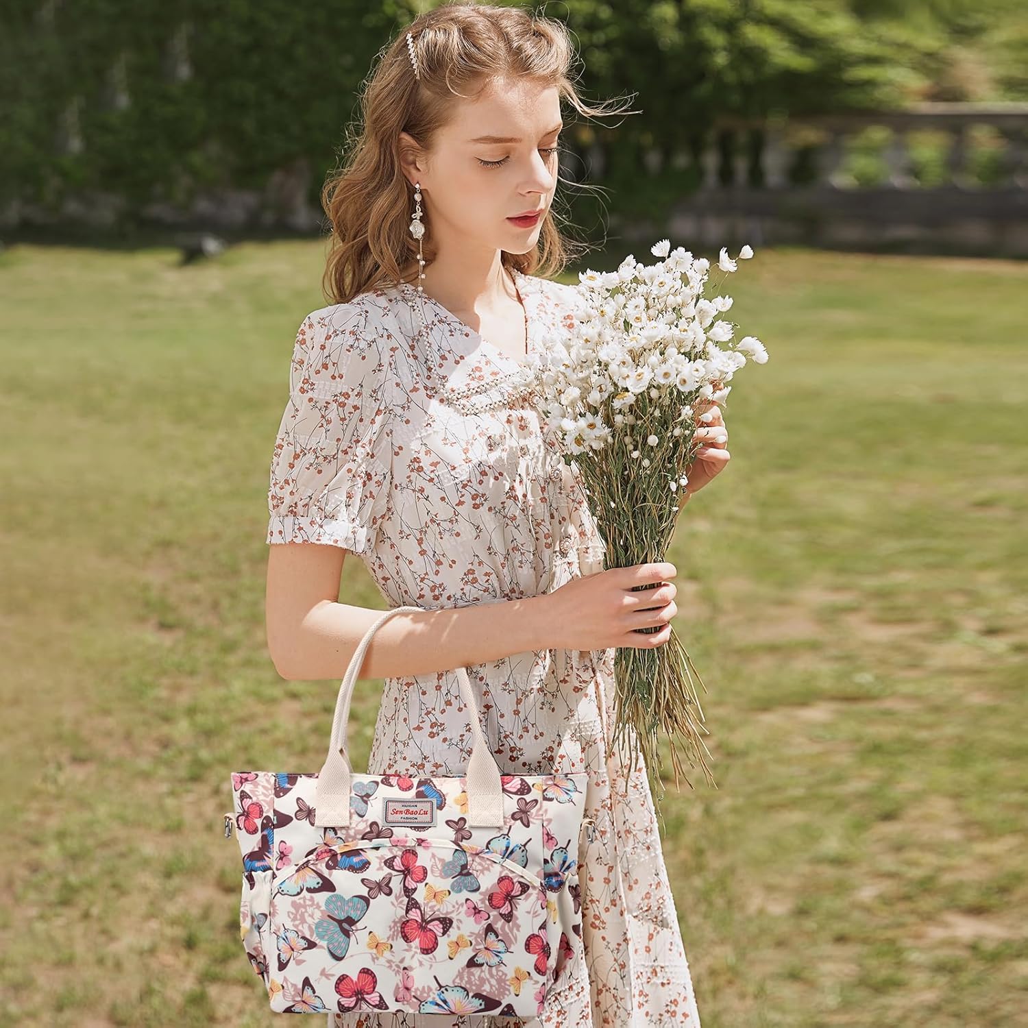 NICOLE & DORIS Sac à Bandoulière Grande Sac à Main Fleur Femme Sac Fourre-Tout Imperméable Sac Épaule Nylon Sac Imprimé Coloré Sac Multi-Poches pour Shopping Voyage Beige