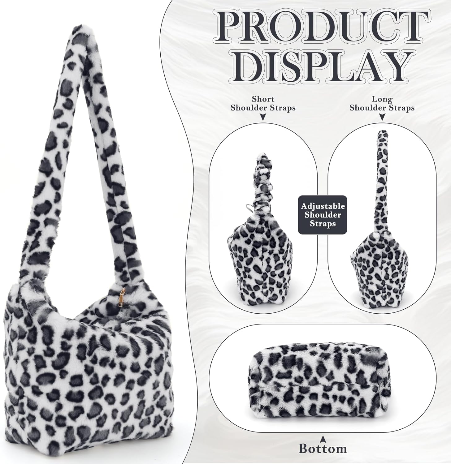 Sac à Bandoulière en Fourrure de Léopard pour Femme, sac à main en Peluche, Grand Sac Fourre-tout, Sac à Poignée Supérieure pour L'automne et L'hiver Blanc