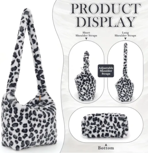 Sac à Bandoulière en Fourrure de Léopard pour Femme, sac à main en Peluche, Grand Sac Fourre-tout, Sac à Poignée Supérieure pour L'automne et L'hiver Blanc
