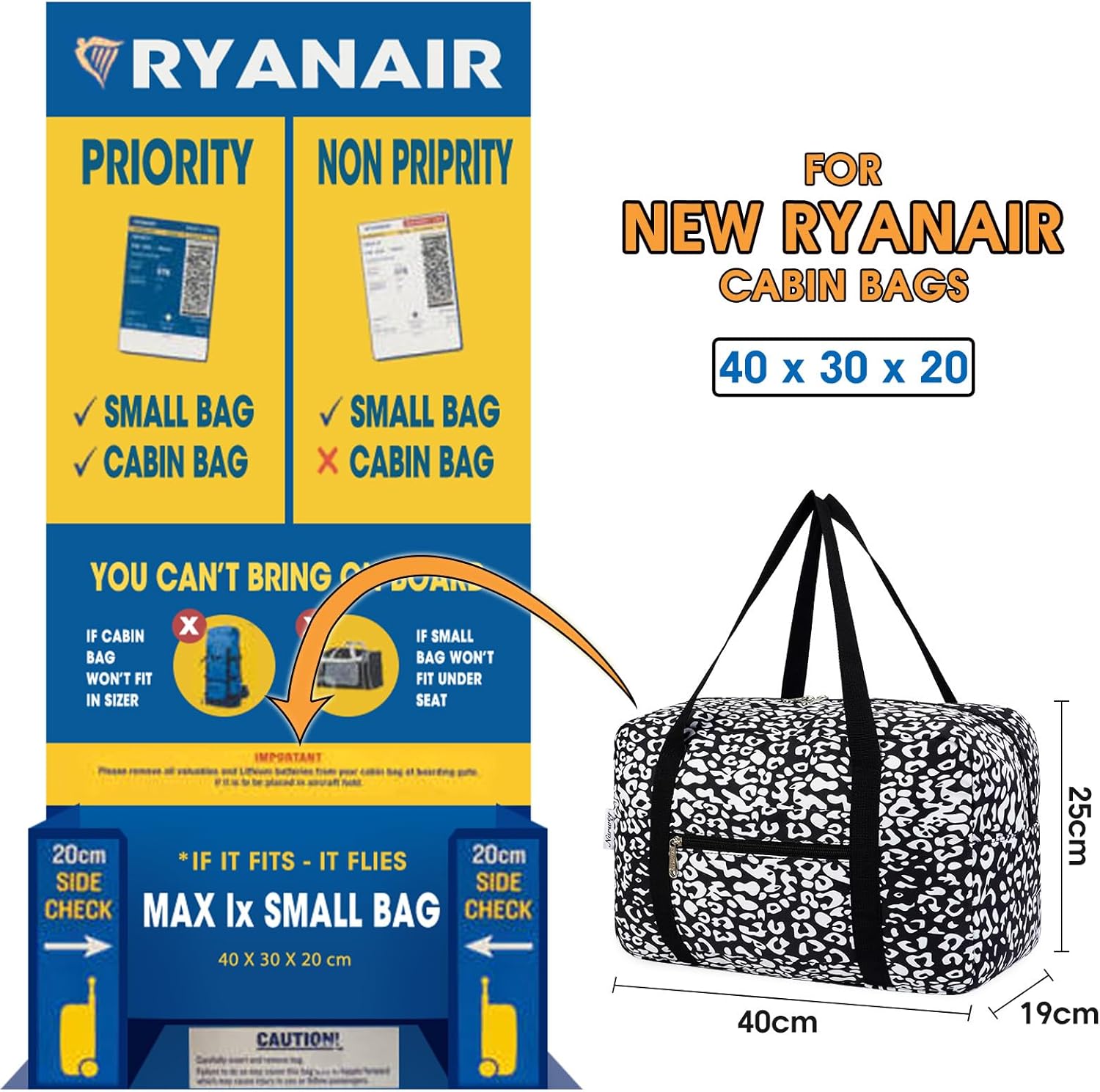 Narwey Sac de Voyage 40x20x25 Ryanair Cabine Bagage Pliable Voyage Bagage Avion de Sport Weekend Femme Homme (Imprimé Léopard Noir)
