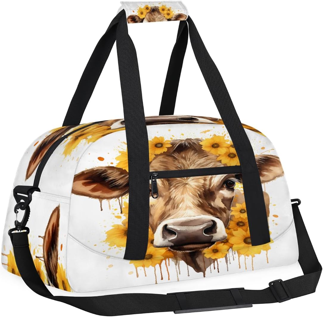 Sac de sport de voyage pour homme et femme, résistant à l'eau, sac de sport, sac de week-end, sac à main de nuit, Imprimé animal tournesol vache