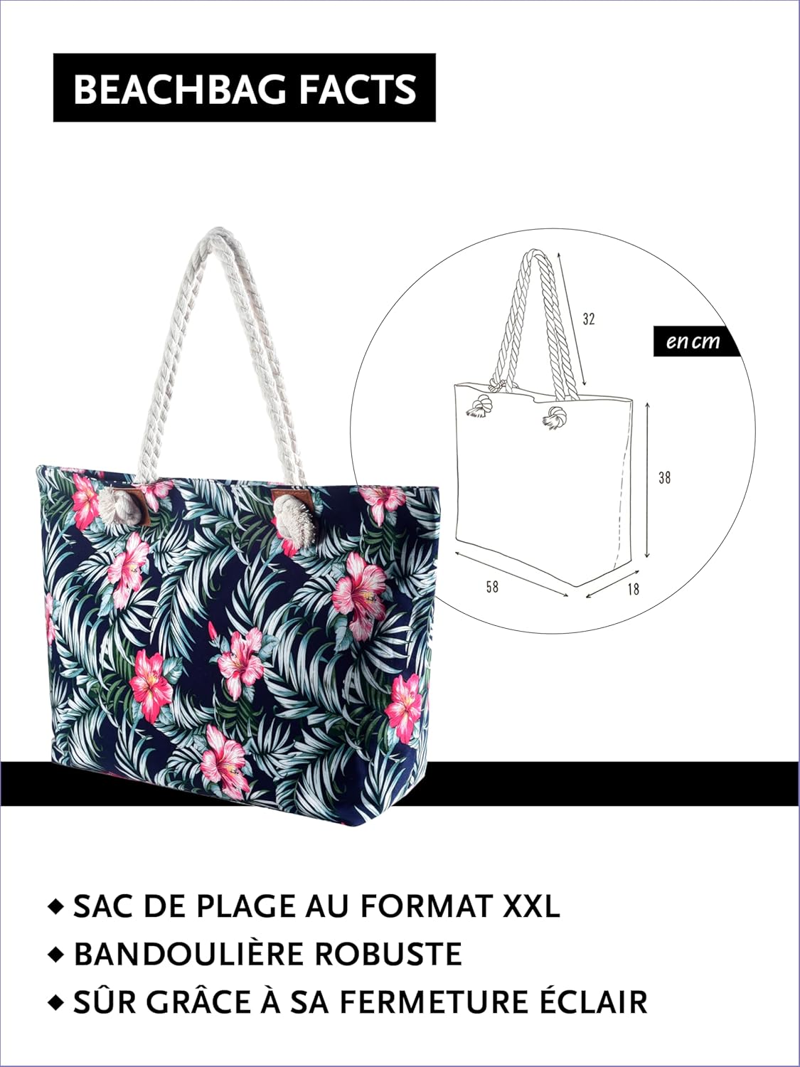 Grand sac de plage imperméable avec fermeture à glissière Sac shopping à bandoulière Fleur de Soleil