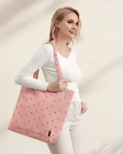 Prite Tote Bag Sac en Velours Côtelé Bandouliere Cabas Femme Homme Sac Fourre Tout avec Fermeture Éclair et Poches Fraises Roses