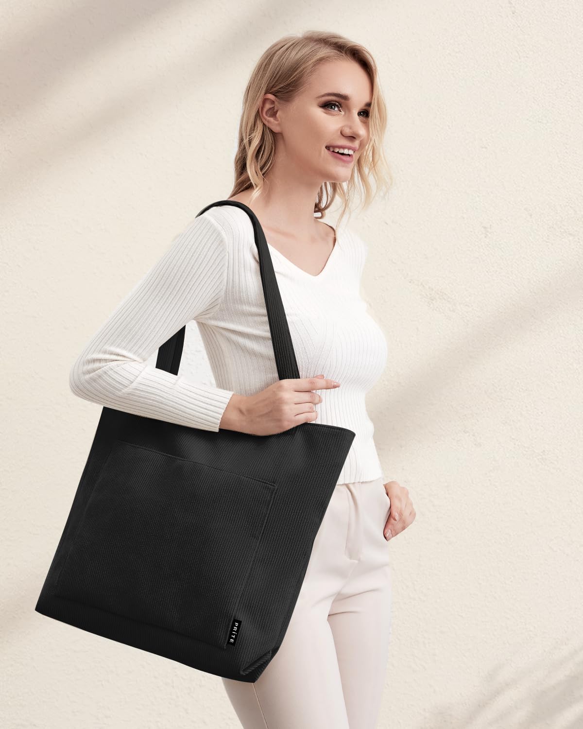 Prite Tote Bag Sac en Velours Côtelé Bandouliere Cabas Femme Homme Sac Fourre Tout avec Fermeture Éclair et Poches Noir