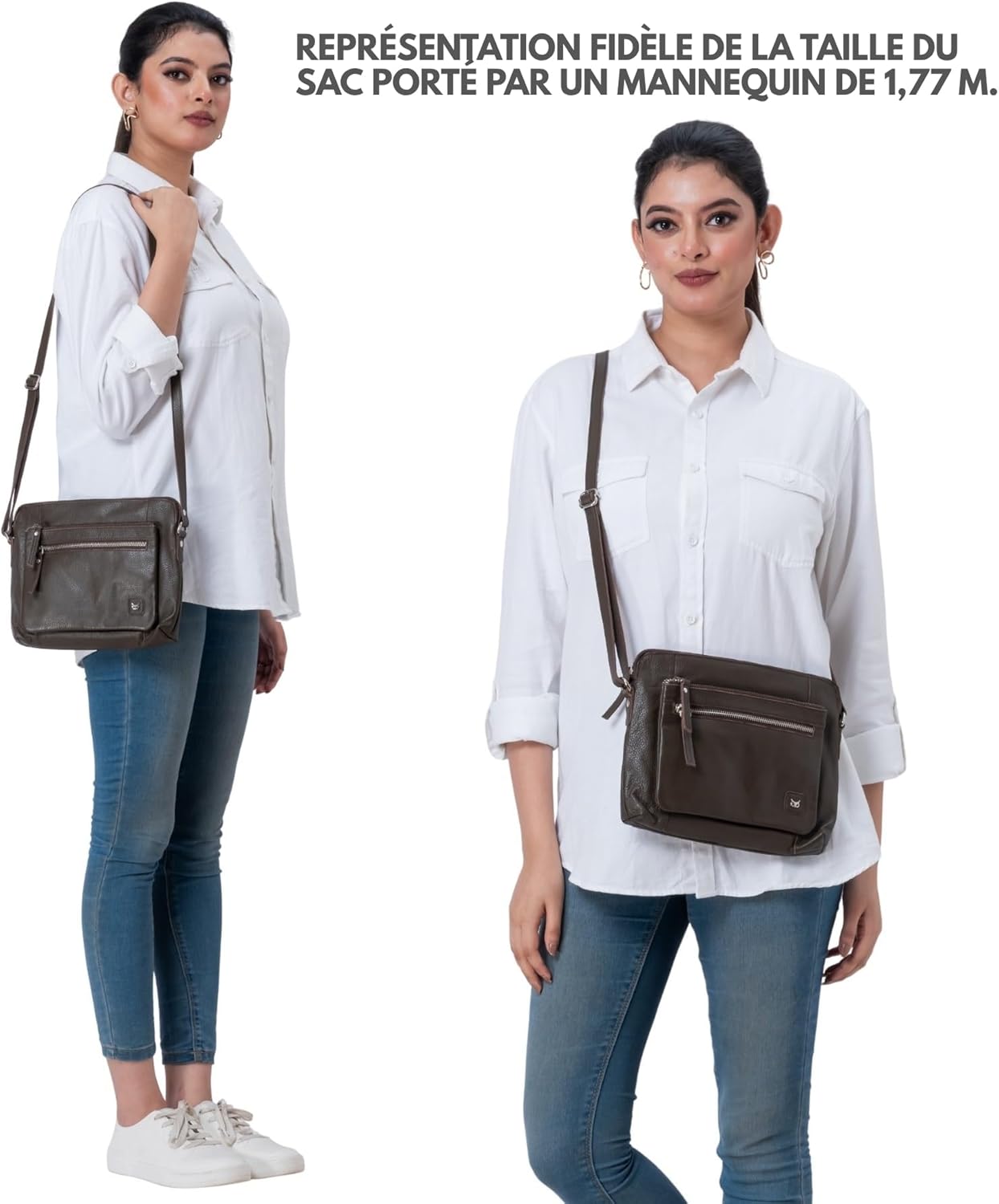 Wise Owl Accessories – Sac bandoulière femme/sacoche homme en cuir véritable grainé, petit sac à main unisexe, 5 poches zippées Nappa au Chocolat