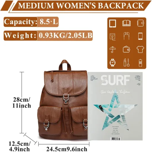 Mini Sac à Dos Femme en Simili Cuir PU, Style Urbain, Cordon de Serrage avec Rabat, Multi-Poches, Déperlant Marron Marron-s