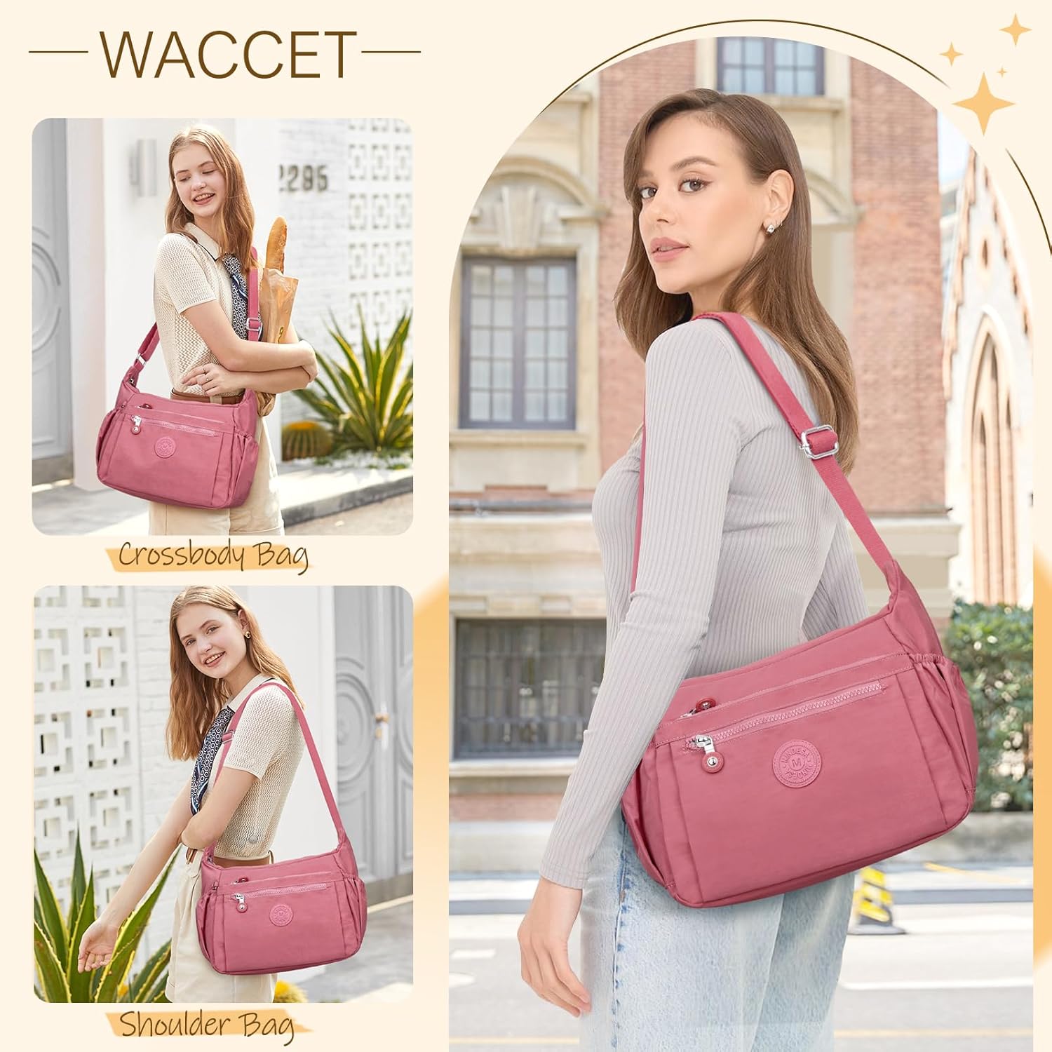 Sac Bandoulière Femme Grand, Sac à Main Bandoulière Nylon Imperméable avec Bandoulière Réglable Multi Poches Sacoche à Bandoulière Femme pour Voyages Usage Quotidien Travail Rose