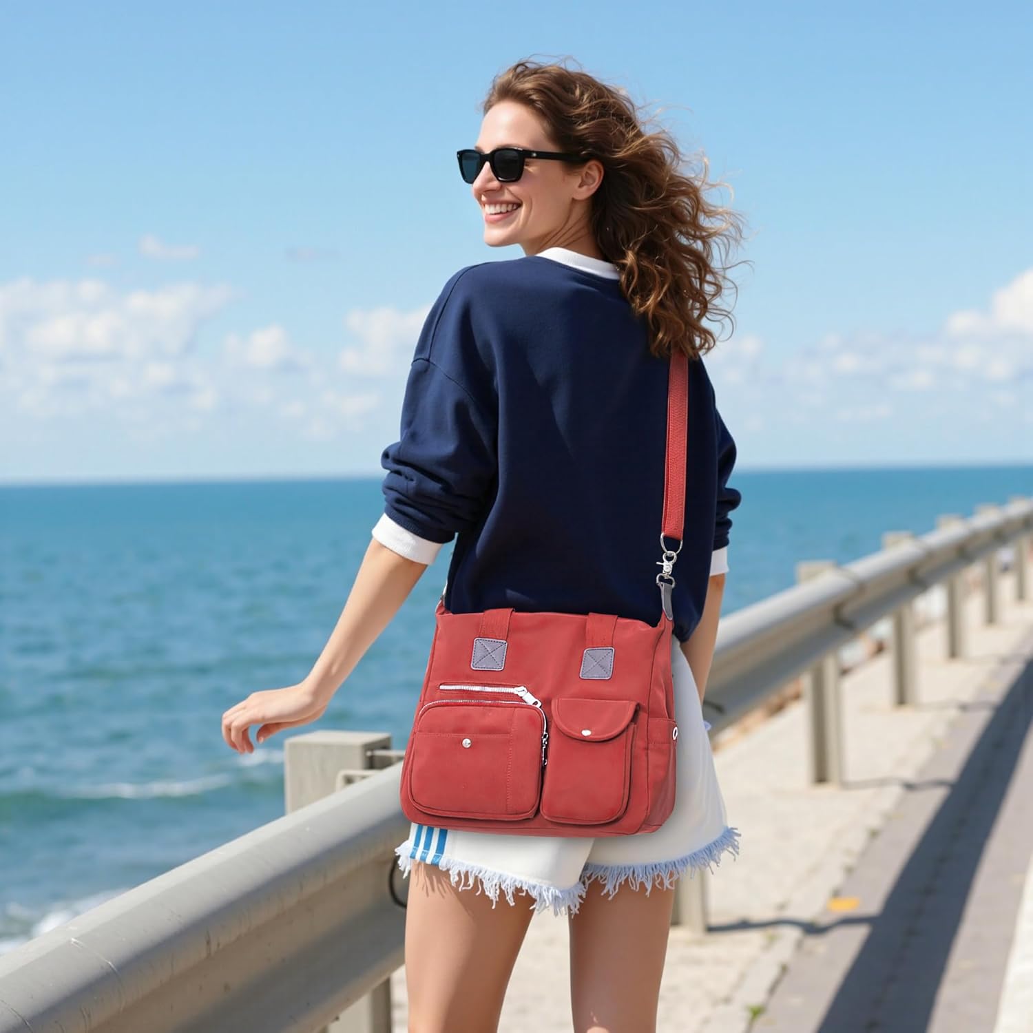 Sac À Main Femme Bandoulière Fourre-Tout Multiples Poches Bandoulière Amovible Nylon Résistant Léger Imperméable Style Décontracté Sac Multifonction pour La Ville Terracotta