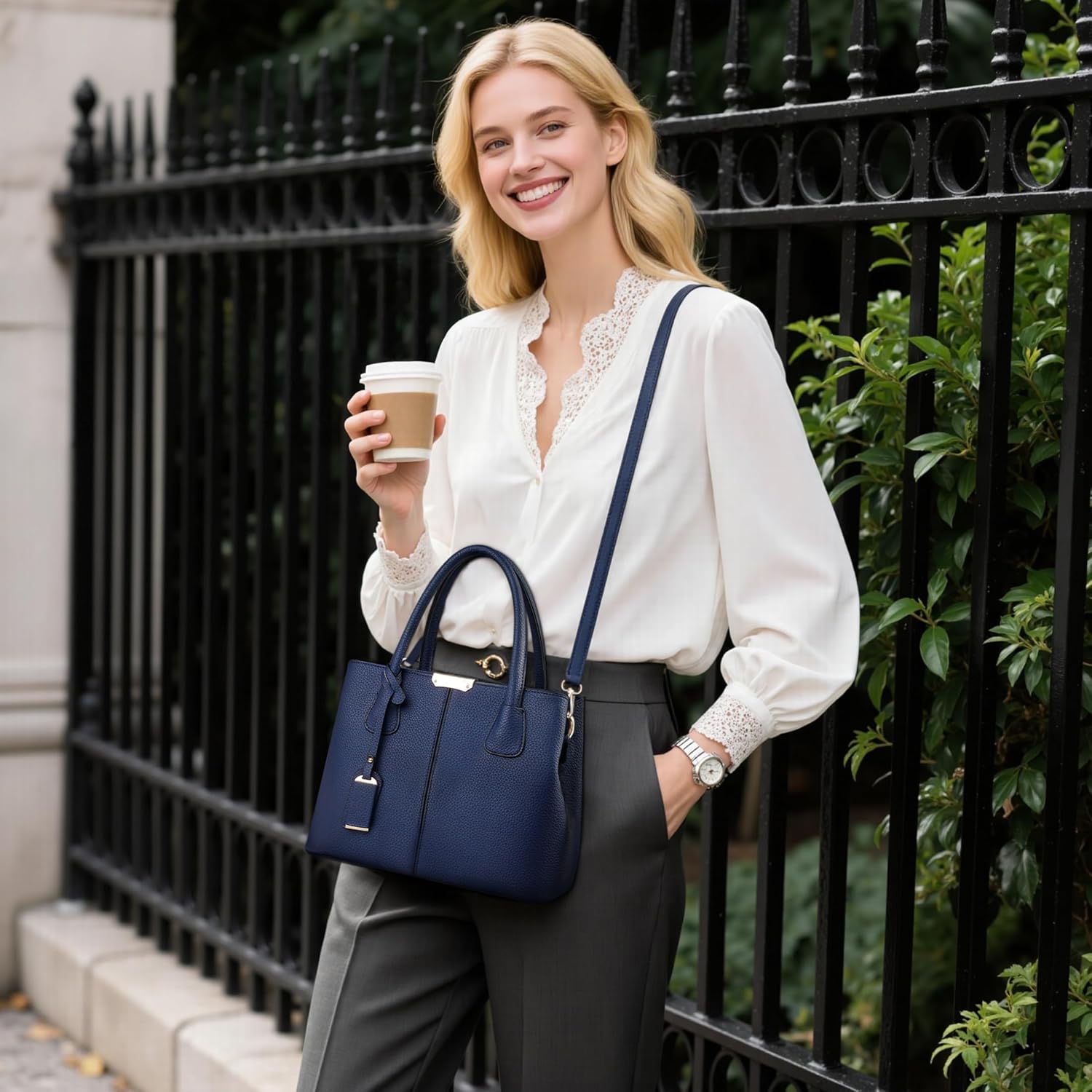 Elégant Femme Sac à Main Sacs Bandoulière Sac de Messager Sac Portés Main Avec Bandoulière Réglable Sac Fourre Tout Sac de Cours Étanche PU Cuir Bleu Marin