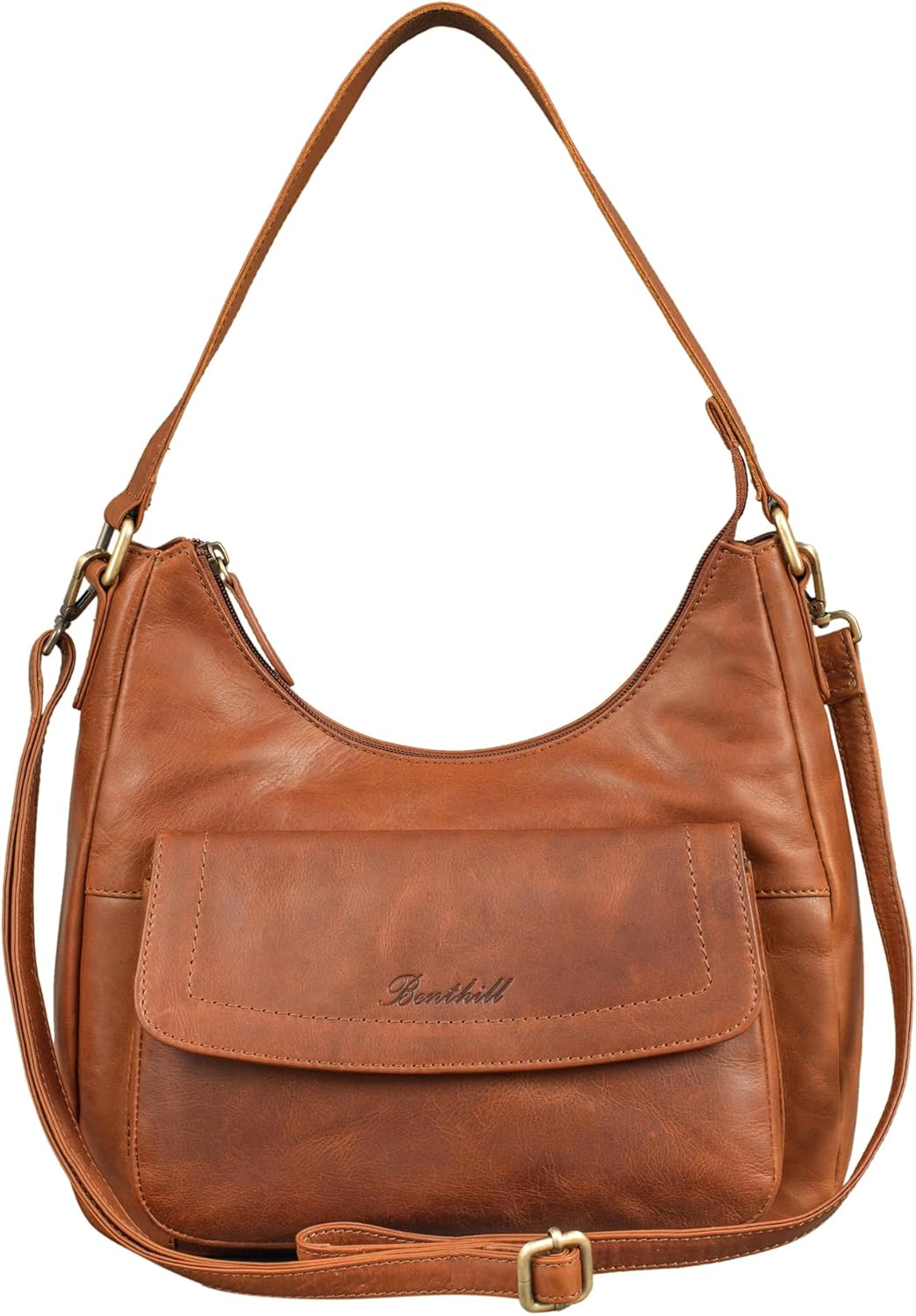 Benthill Sac à main Femme Cuir véritable - Sac à bandoulière en cuir de vache véritable - Sac à bandoulière avec fermeture éclair - Sac en cuir avec anse & bandoulière Marron