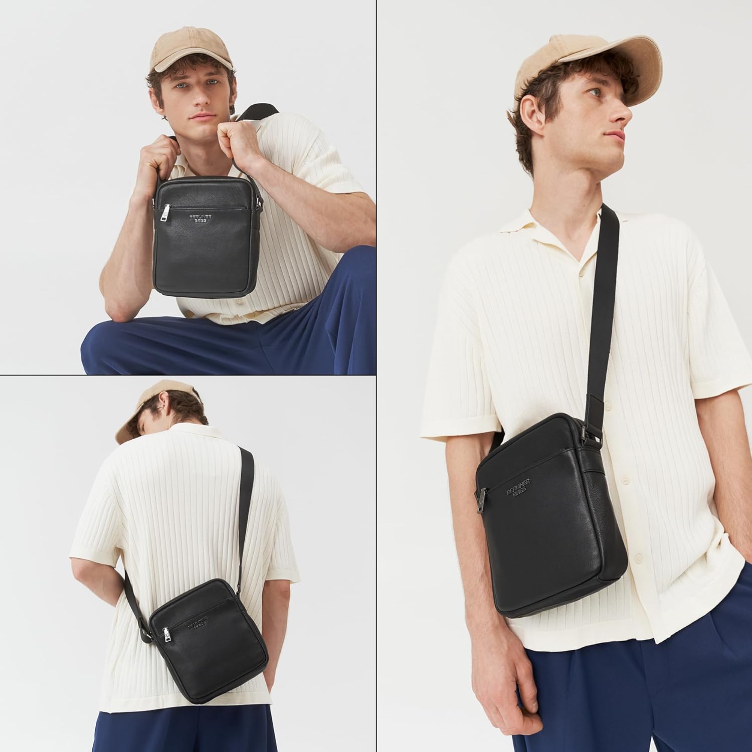 Tom Sac Bandoulière en Cuir avec Fermetures Éclair YKK et Sangle Réglable, Élégant et Pratique, Idéal pour le Travail ou les Sorties, pour Homme – Noir Noir M