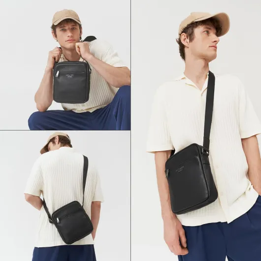 Tom Sac Bandoulière en Cuir avec Fermetures Éclair YKK et Sangle Réglable, Élégant et Pratique, Idéal pour le Travail ou les Sorties, pour Homme – Noir Noir M