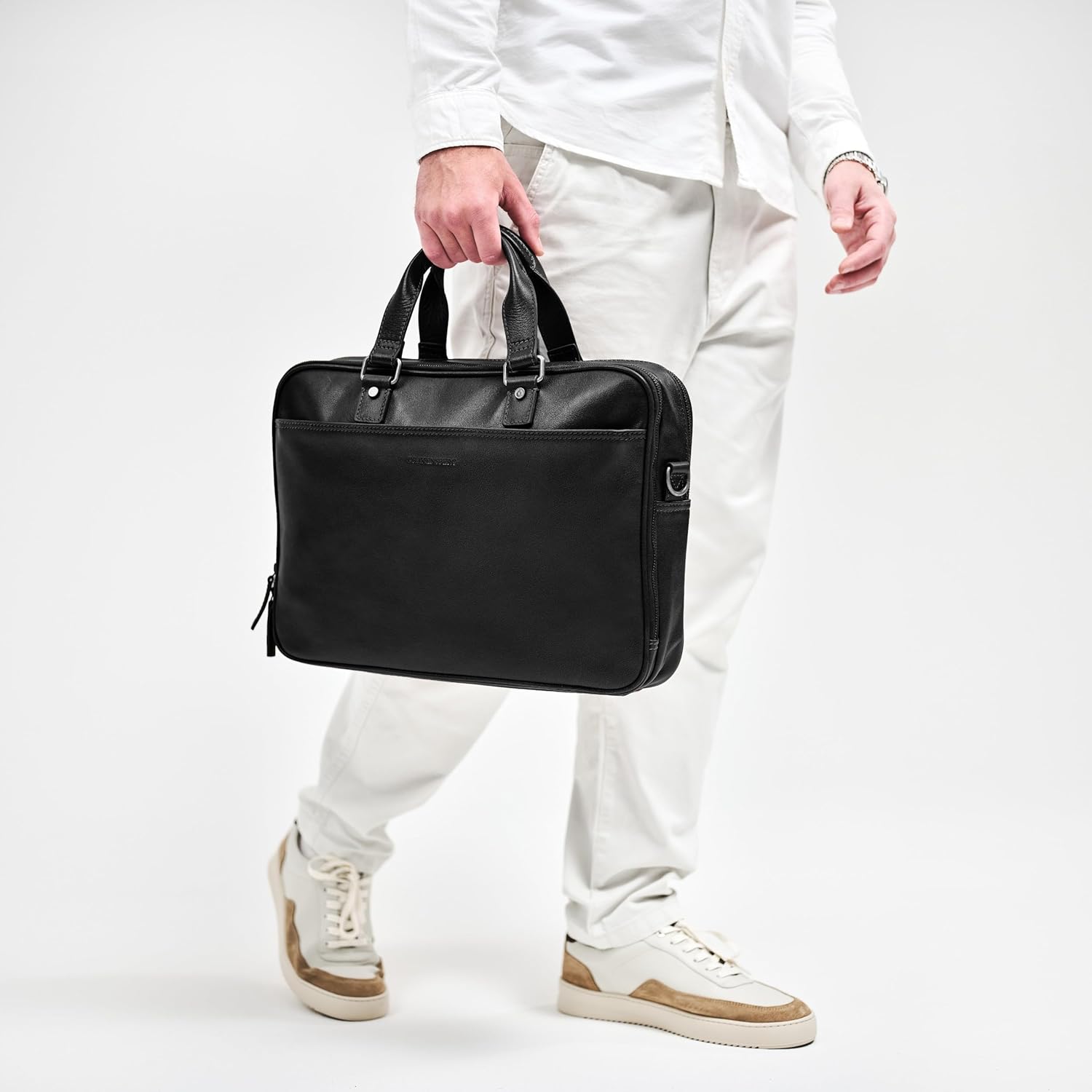 Aurelio Porte-documents en cuir pour homme, 2 compartiments principaux, sacoche luxueuse pour ordinateur portable 16" pour le bureau, le travail, les voyages, 11 l, Noir , L