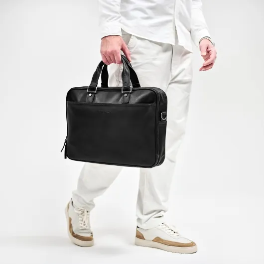 Aurelio Porte-documents en cuir pour homme, 2 compartiments principaux, sacoche luxueuse pour ordinateur portable 16" pour le bureau, le travail, les voyages, 11 l, Noir , L