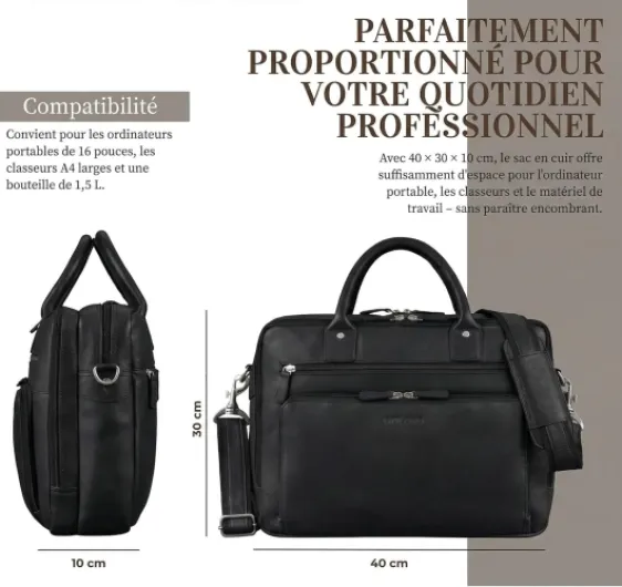 "Dylan" Grande Serviette Cuir Homme Sacoche Ordinateur 16 Pouces Besace Business - Cartable Enseignant A4 Porte Document avec Bandoulière Amovibl, Passant Valise Couleur:noir