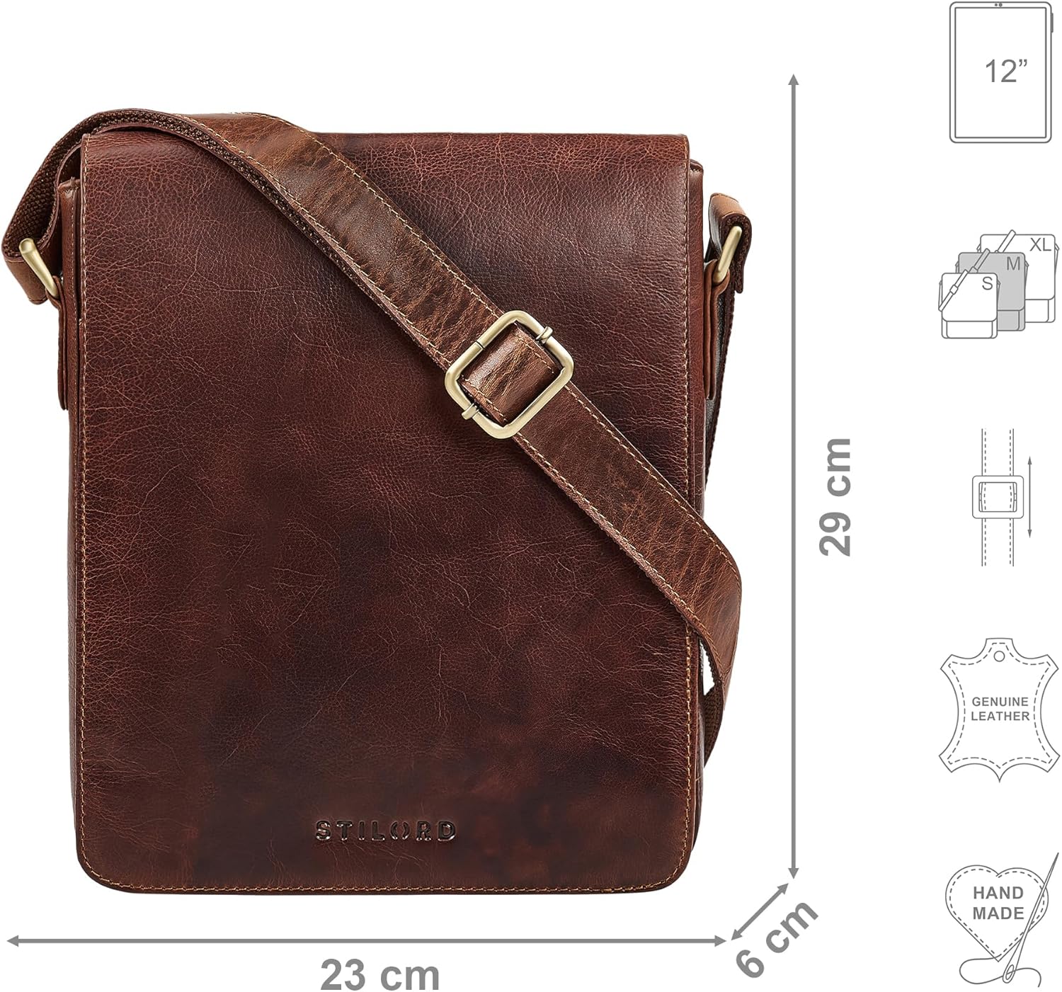 'Cosmo' Sac Bandoulière Homme Cuir Véritable Besace Compacte Format Moyen pour Tablette 12 Pouces Messenger Élégant Sacoche pour Documents A4 Sacs D'Épaule Kara - Cognac