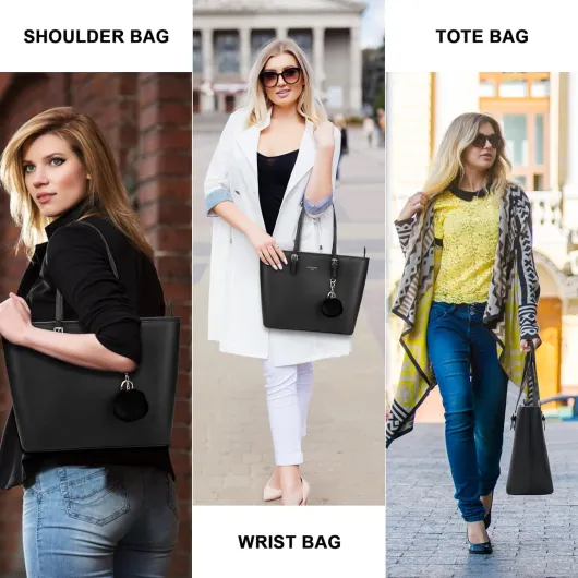 Cabas Femme, Sac à Main Femme, Cabas Fourre-Tout Cuir PU Rigide, Sac à Main Shopping Femme Grand Format, Shopper Porté Epaule Bandoulière Grande Capacité A4 Noir-01