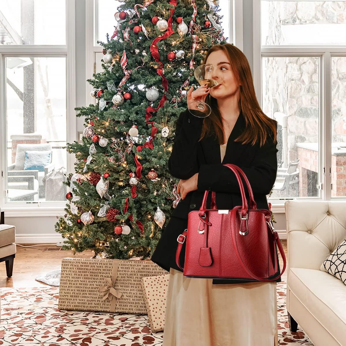 Sac a Main Femmes Bandoulieres PU Cuir Cabas Femme Sacs à Main Portés Main Femme Sac Fourre Tout pour les Travail, Voyages, Shopping Rouge