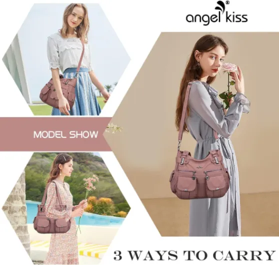 Conception de sac à main en cuir Angelkiss/épaule/épaule/large capacité 8 petites poches pour filles/femmes Z- Rouge