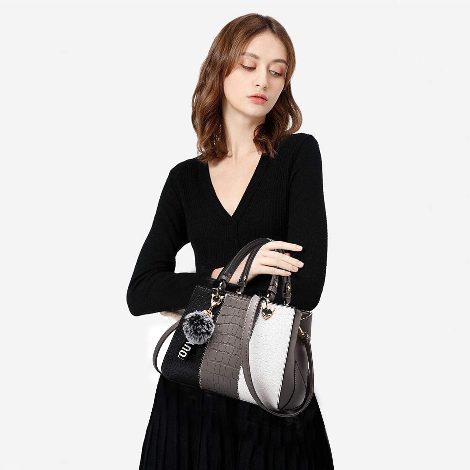 NICOLE & DORIS 2024 Nouveau Sac à Main Femme Sacs Portés Main Mode Sac Bandoulière Élégant Sac Epaule Sacoche Femme Sac à Poignée Supérieure avec Pom Poms Gris 3