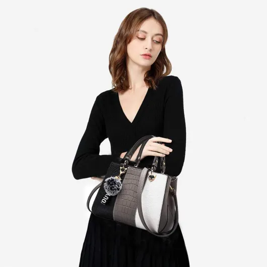 NICOLE & DORIS 2024 Nouveau Sac à Main Femme Sacs Portés Main Mode Sac Bandoulière Élégant Sac Epaule Sacoche Femme Sac à Poignée Supérieure avec Pom Poms Gris 3