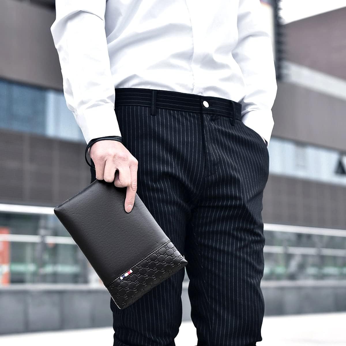 A-QMZL pochette pour homme Sac à main pour homme à la main Noir Nouveau Sac homme Cuir Élégant Grande Capacité Pochette avec fente pour cartes pour le travail Voyage Décontracté Bureau Sac