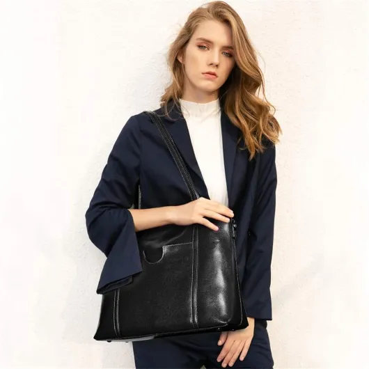 S-ZONE Sac à bandoulière en cuir véritable avec poignée supérieure pour femme - Fourre-tout de travail quotidien - Grande capacité Noir