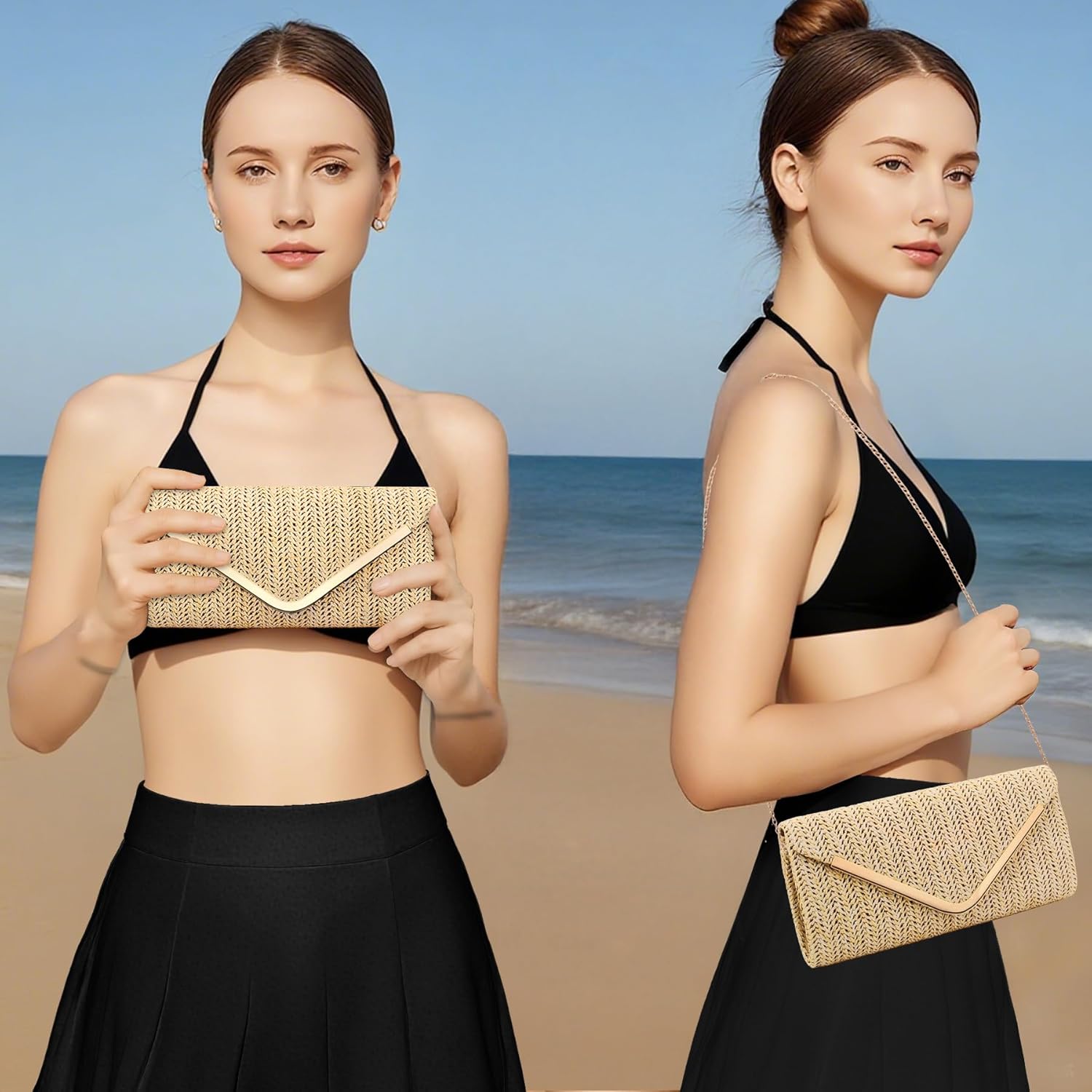 Sac Paille Beige en Crochet, Pochettes et Clutches Femme Ete avec Chaîne Détachable, Pochette Ceremonie Mariage Style Bohème Sacoche Femme Bandoulière pour Vacances, Cocktail(22.5x12x3CM)