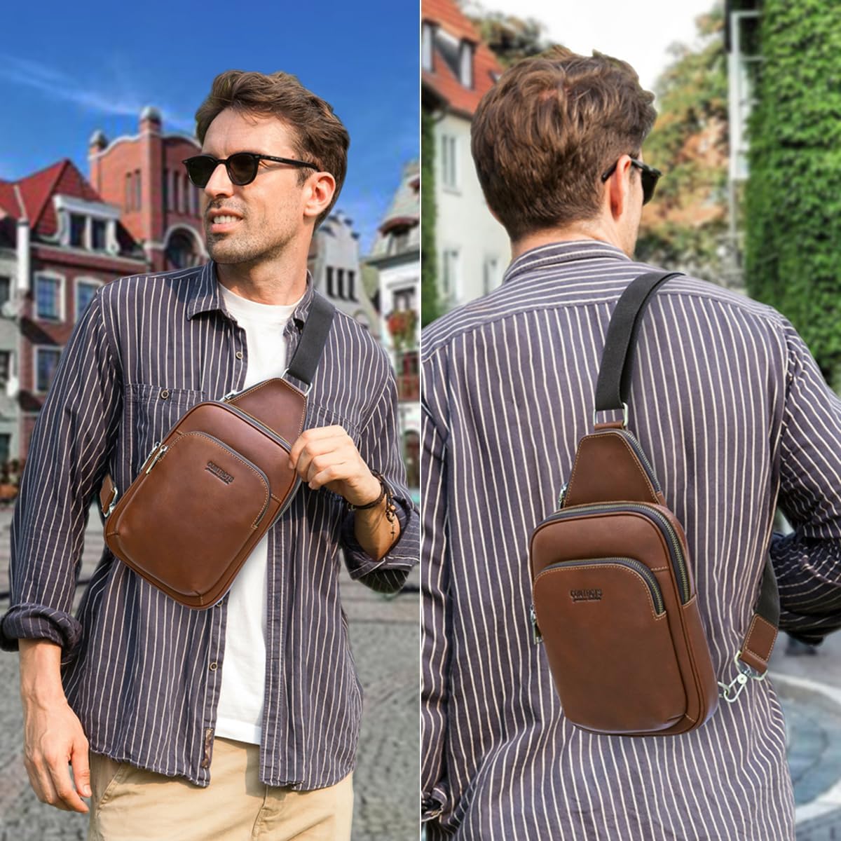 Homme Sac à Bandoulière Épaule en Cuir Véritable avec Sangle Réglable, Casual Sac de Poitrine à Compartiments Multiples, Mode Sac à Dos Sling pour Voyage Affaires Randonnée Shopping