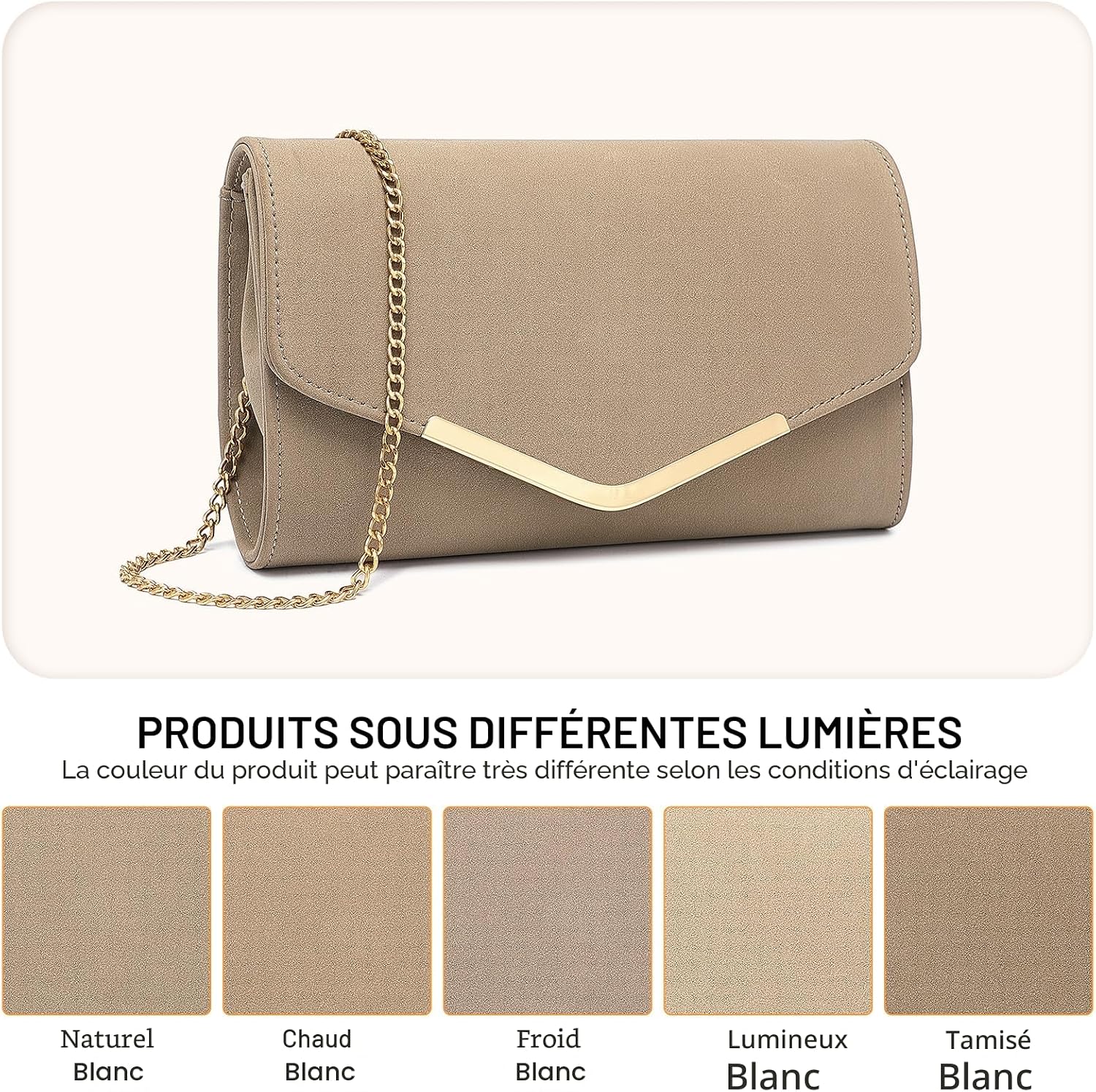 Pochette Femme en Daim avec Chaîne - Mini Sac à Main de Soirée, Clutch Pratique pour Mariage et Saint-Valentin, Idéal pour Fêtes et Cérémonies Beige