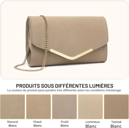 Pochette Femme en Daim avec Chaîne - Mini Sac à Main de Soirée, Clutch Pratique pour Mariage et Saint-Valentin, Idéal pour Fêtes et Cérémonies Beige