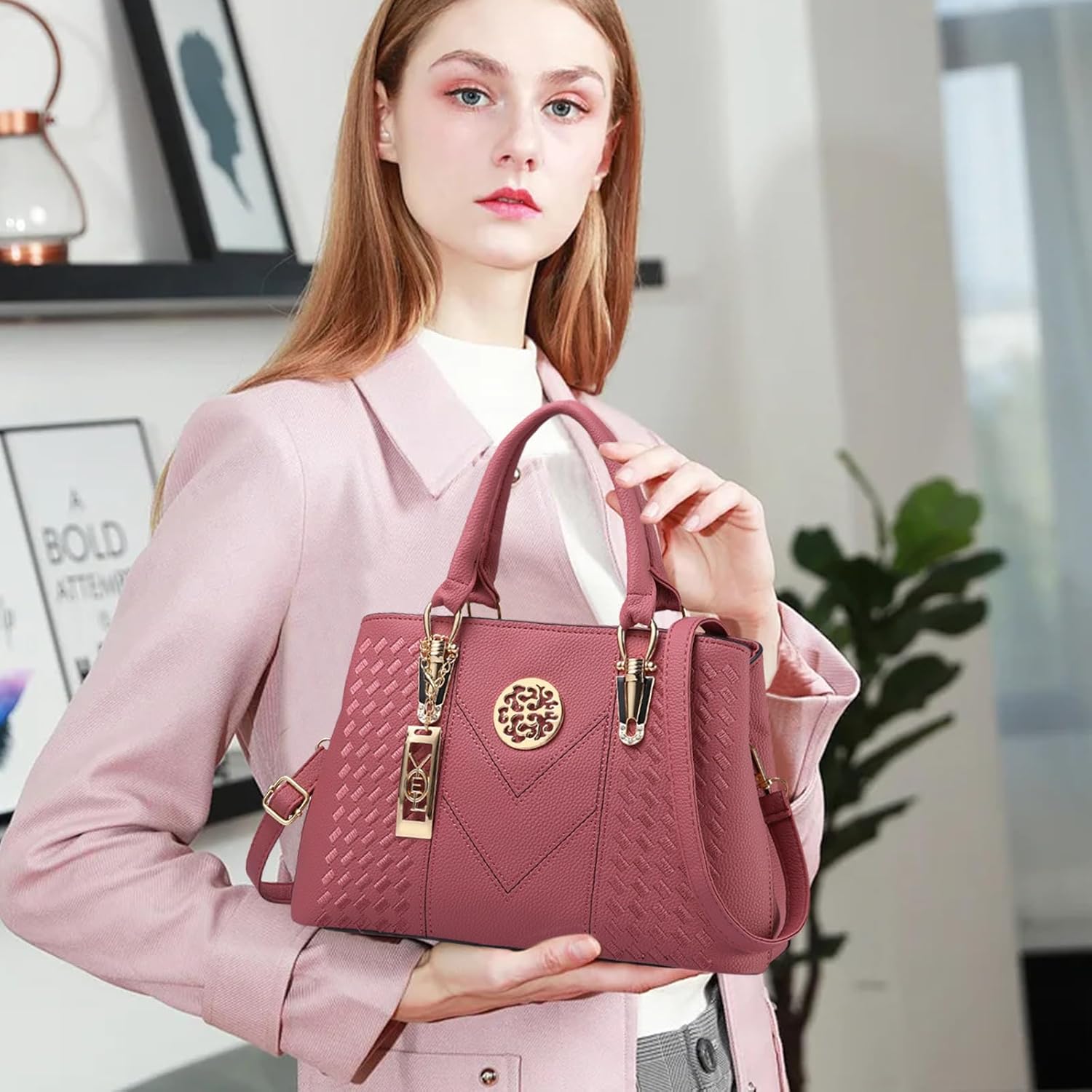 NICOLE & DORIS Sac à Main pour Femme Elégant Sac à Bandoulière Sac Classique Sacs Portés Main en Cuir PU Sac Travail Pochette Mode Sac Epaule Rose
