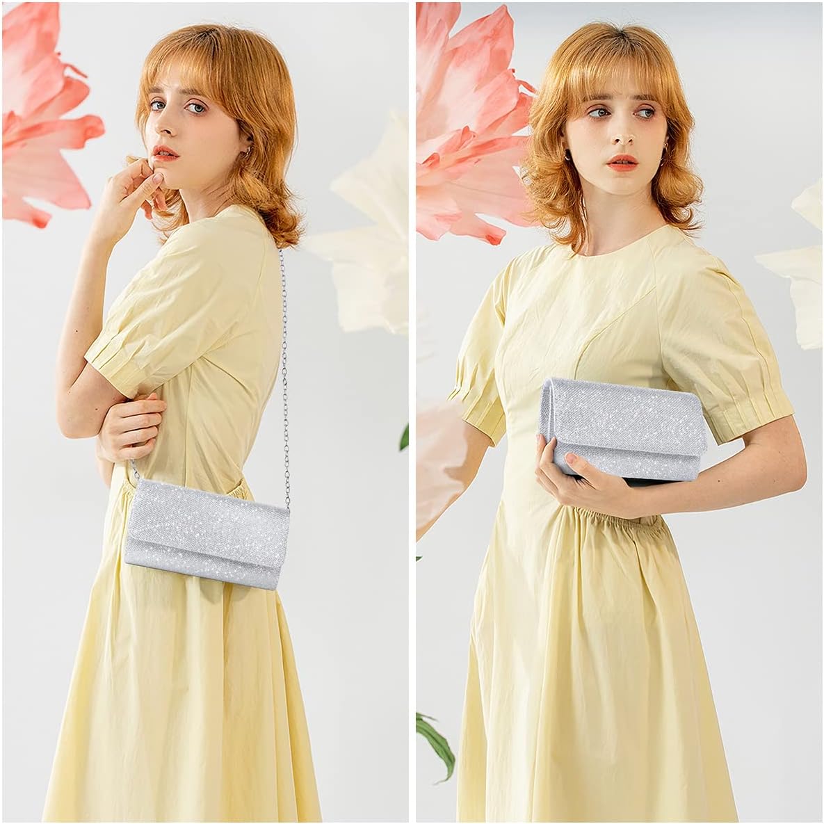OSDUE Sac de Soirée Pochette, Pochette Enveloppe Sac de Soirée pour Femme Sac à Main de Soirée Etincelant pour Soirée Mariage Bal de Fin d'année, Fête A-argent
