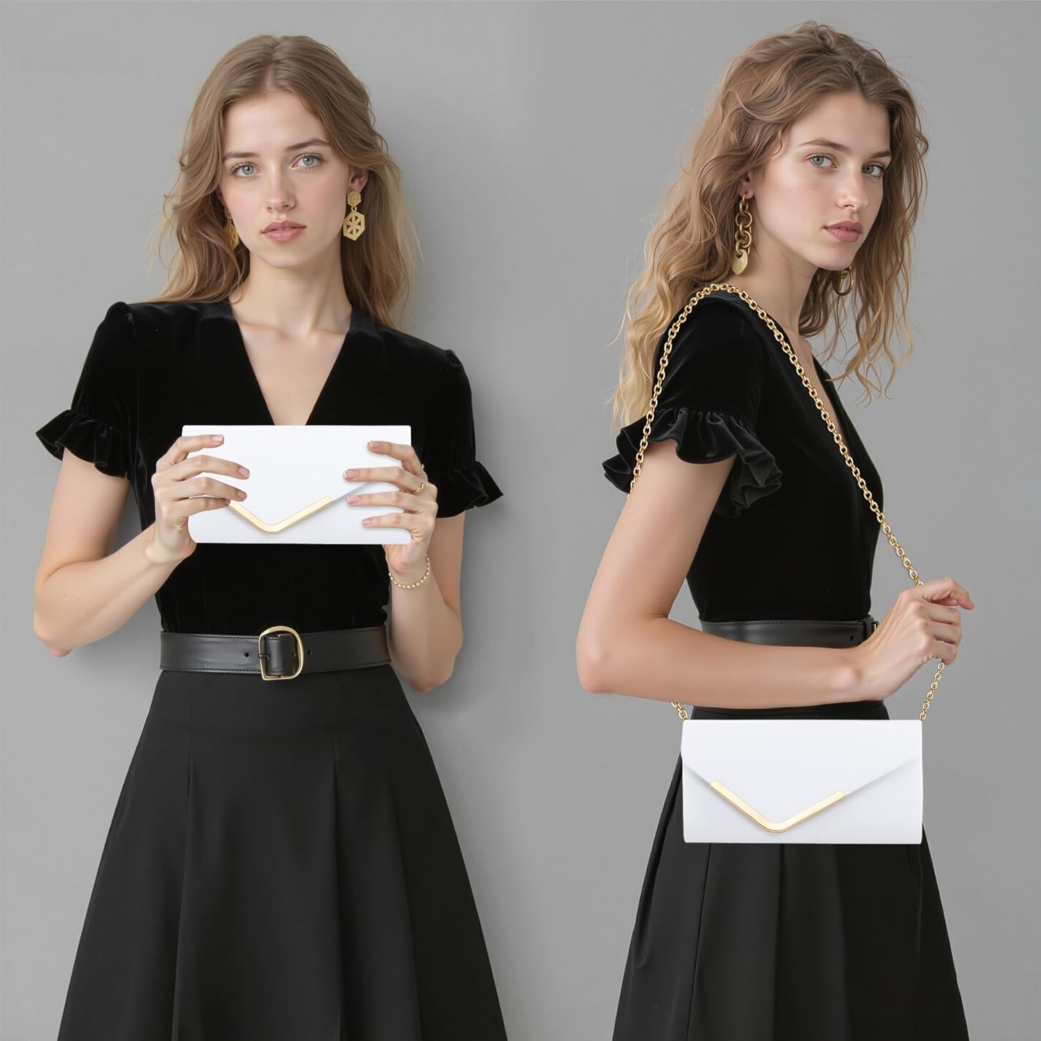 Pochettes et Clutches Femme, Sac a Main Femme Élégant en Cuir Blanc avec Chaîne Détachable, Pochette Ceremonie Mariage Chic Sac Soiree, Bandoulière Clutch Sacoche pour Fete Bal Voyage