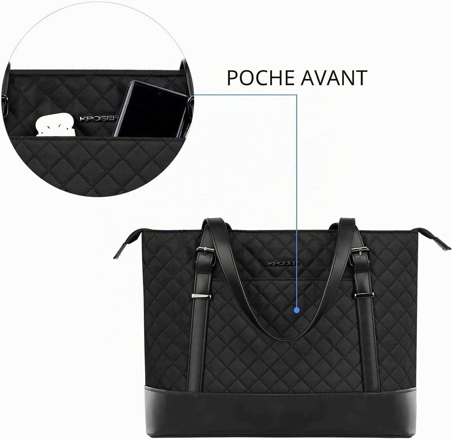 Sac Cabas Femme pour Ordinateur Portable 15,6 pouces, Sacoche pour Ordinateur, Sac de Cours Tolie, Grand Sac à Main pour Shopping Travail Quotidien Voyage, Tote Bag Noir Qulited