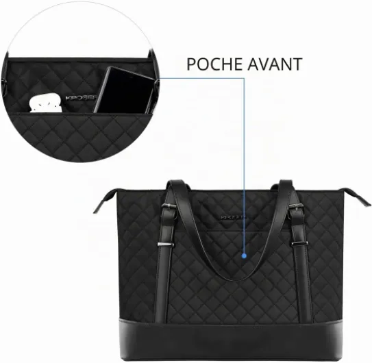Sac Cabas Femme pour Ordinateur Portable 15,6 pouces, Sacoche pour Ordinateur, Sac de Cours Tolie, Grand Sac à Main pour Shopping Travail Quotidien Voyage, Tote Bag Noir Qulited