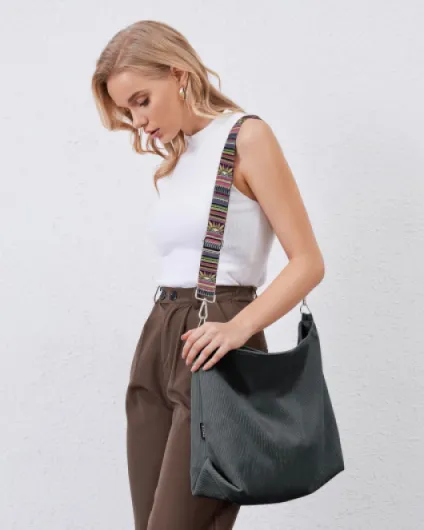 Prite Velours Côtelé Sac a Main Femmes Bandoulière Ajustable Sac Cabas Tote Bag pour École, Collège et Travail Gris