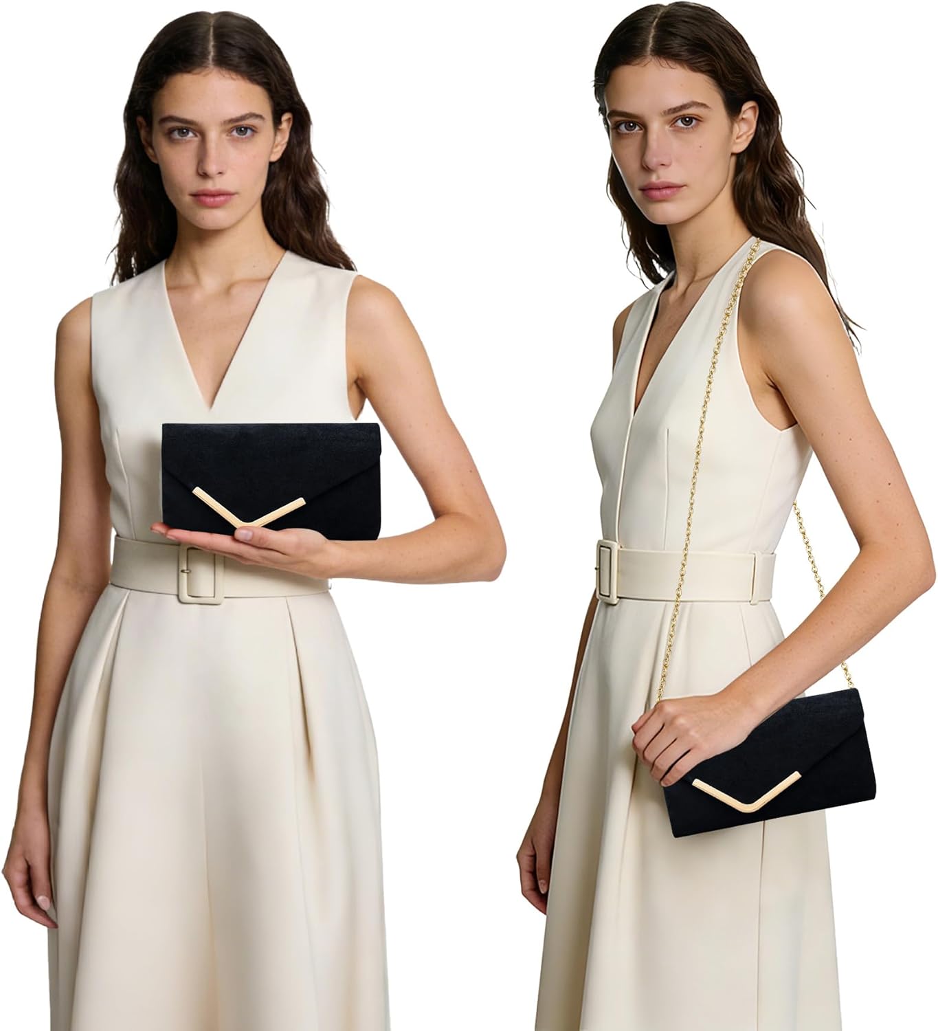 Pochettes et Clutches Femme, Sac a Main Femme Élégant en Suédine Noir avec Chaîne Détachable, Pochette Ceremonie Mariage Chic Sac Soiree, Bandoulière Clutch Sacoche pour Fete Bal Voyage Noir5