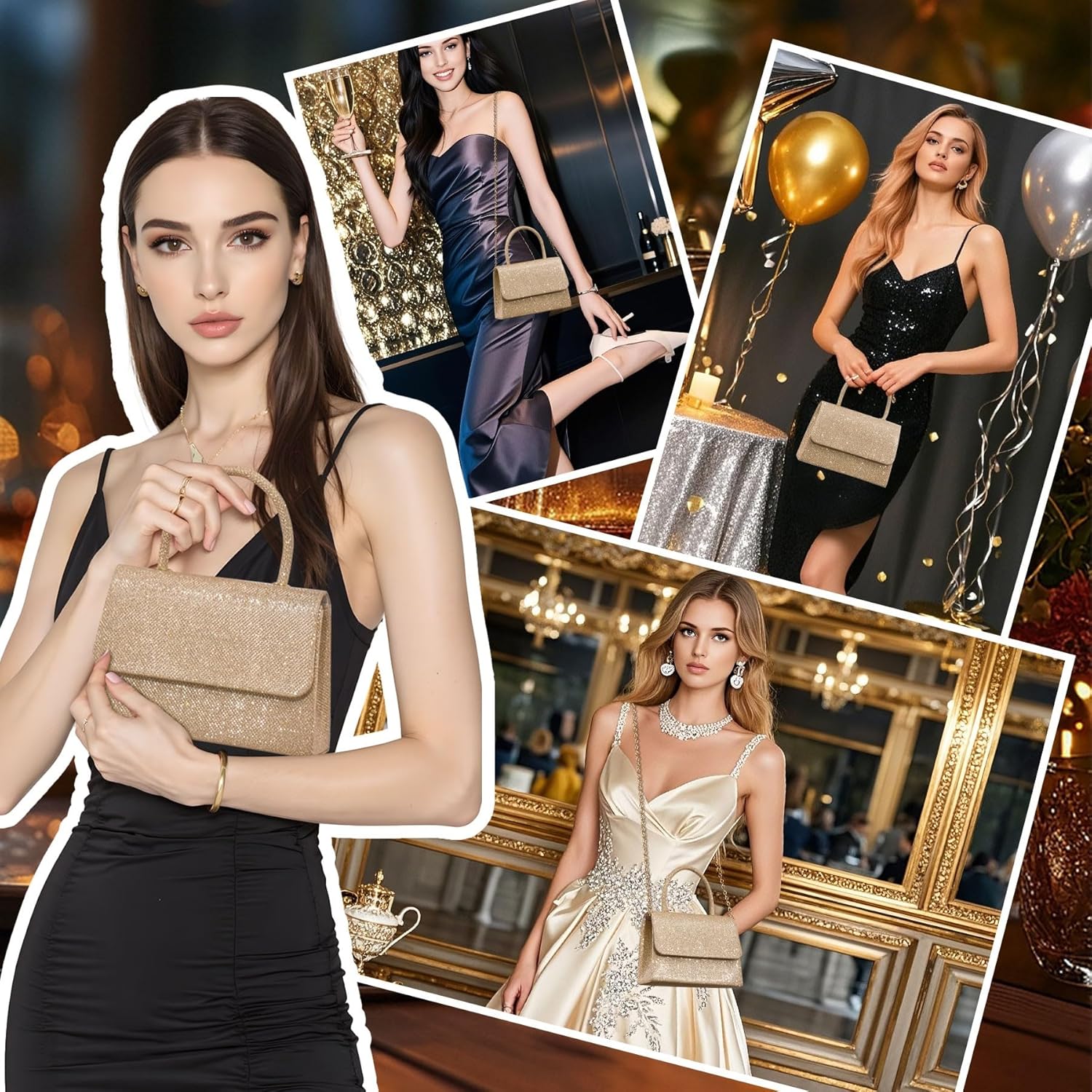 Pochettes et Clutches Femme, Pochette Femme en Chaîne Détachable, Sac a Main Fashion pour Mariage Fete Boule Champagne