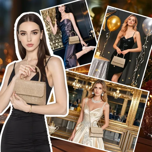 Pochettes et Clutches Femme, Pochette Femme en Chaîne Détachable, Sac a Main Fashion pour Mariage Fete Boule Champagne